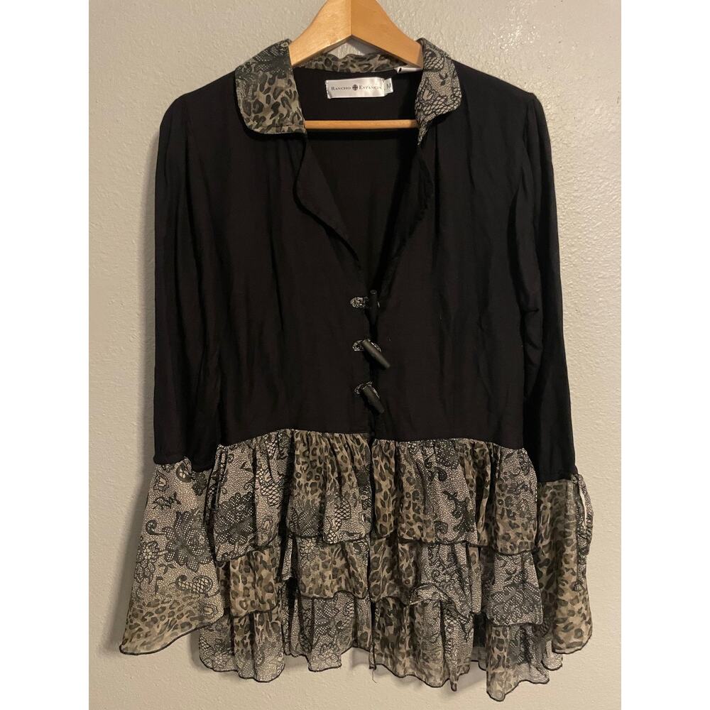 Rancho Estancia Jacket Womens Medium Black Mixed Media Print Ruffle Hem Whimsy
